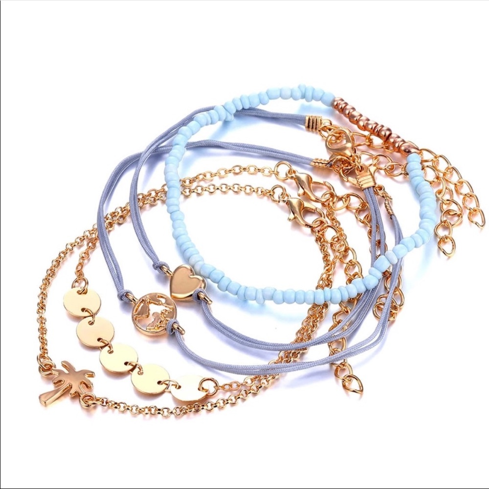 Bracelet set blue gold world heart palm tree Nwt - Picture 2 of 3